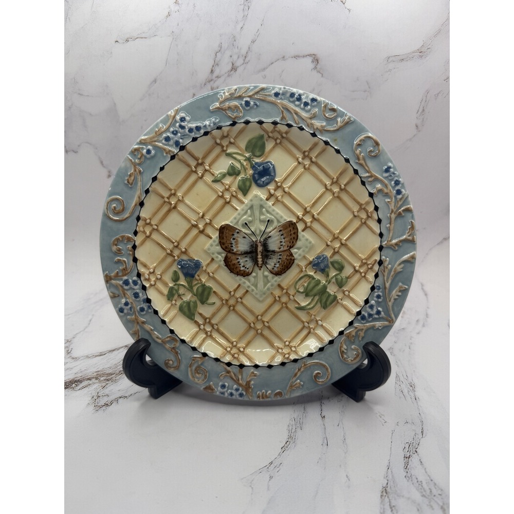 MWW Market Annie Danielson‎ Butterfly Floral Embossed Ceramic Plate 8.5" Blue